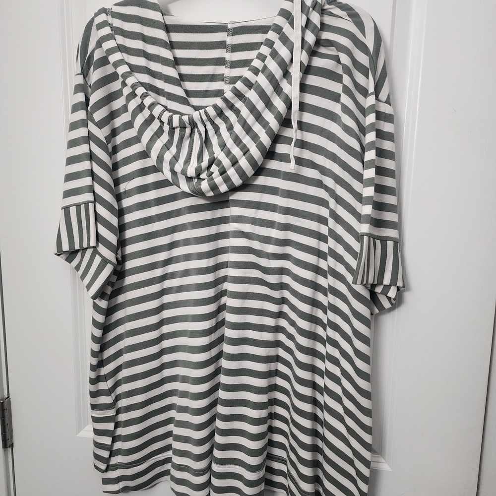 3/$20 Striped Hooded V-Neck Tunic Top - White & Olive - Picture 5 of 5